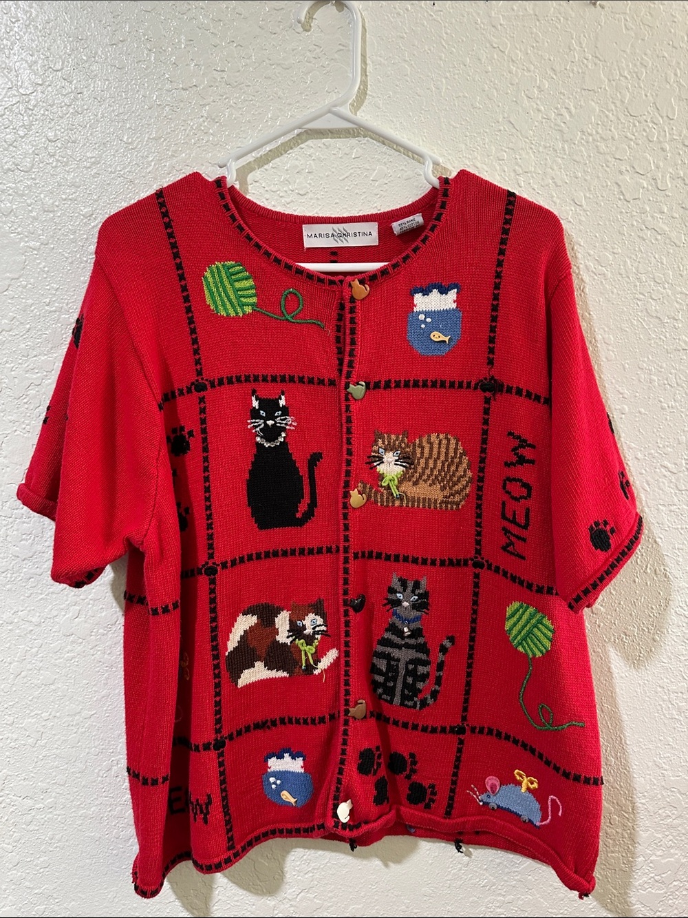 Marisa Christina Red Cat Patch Button-Front Knit Cardigan